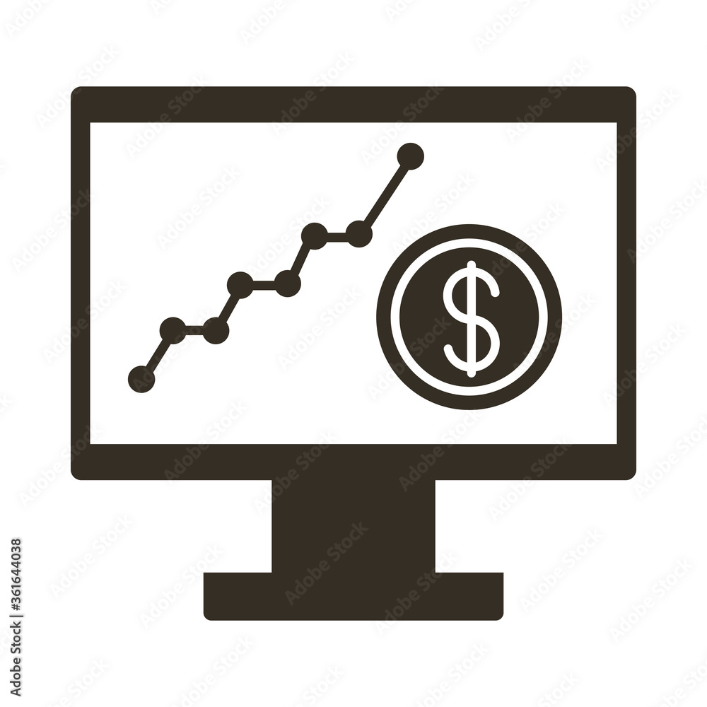 Poster computer desktop with coin and statistics silhouette style icon