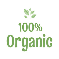 100 percent organic vector flat logo design. Green eco-friendly lifestyle, green energy, vegetarianism, zero waste, environment preservation, ecology protection company label concept.