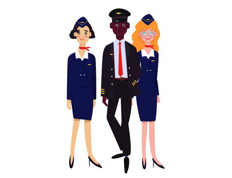 A black pilot and two flight attendants  on white background. Flight crew
