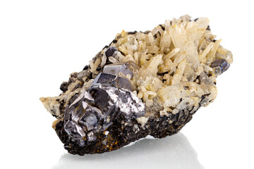 macro stone mineral quartz with galena on a white background