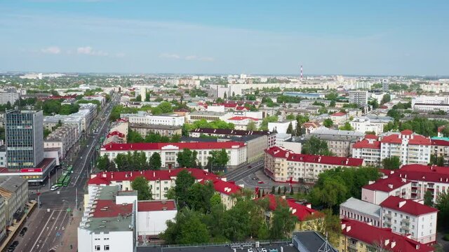 Top Aerial View Of Cityscape. The red roofs of the city of Gomel. View of the central area of Gomel. The historic center of Gomel.
