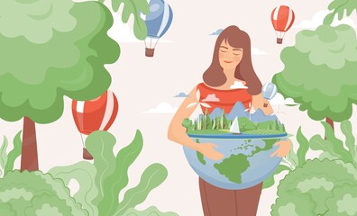 Young smiling woman hugging earth planet globe in the park or forest vector flat illustration. Eco-friendly lifestyle and energy sources concept. Earth day, world environment day, save the planet.