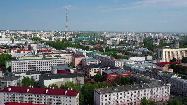 Top Aerial View Of Cityscape. The red roofs of the city of Gomel. The historic center of Gomel.
