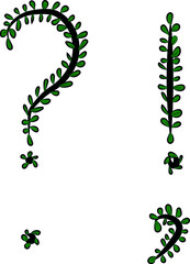 Vector image. Hand-drawn punctuation marks: question mark, dot, comma, exclamation mark. Part of the alphabet. Black tree branch and bright juicy green foliage. Leaves of a Bush. The summer mood. 