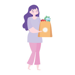 Naklejka premium safe delivery at home during coronavirus covid 19 , customer woman wit grocery bag with food