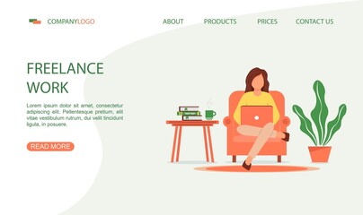 Fototapeta premium A woman is sitting in an armchair while working on a laptop. Home office concept, woman working from home. Landing page template in cartoon style. Illustration for freelancing, remote work, business
