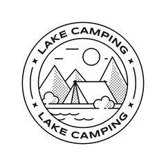 Summer travel camping concept. Landscape with mountains and lake. Vector illustration of retro round badge in linear style. Editable stroke