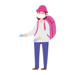 young man with medical mask and backpack isolated icon design
