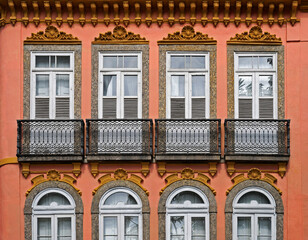 Ancient facade with balconies, downtown Rio