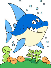 Coloring page outline of cartoon smiling fish, shark. Colorful vector illustration, summer coloring book for kids.