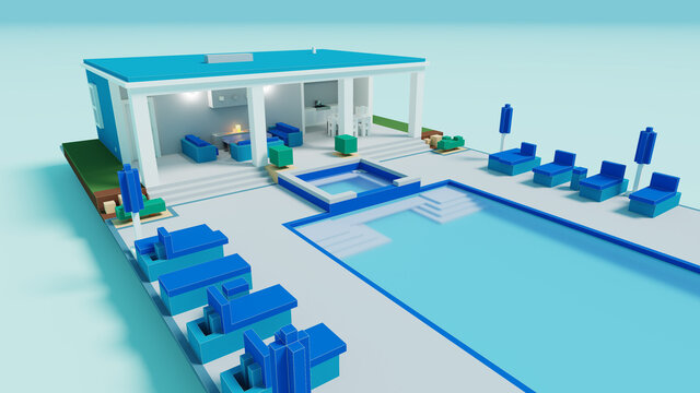 3d Illustration of an empty voxel pool house that is blue and white