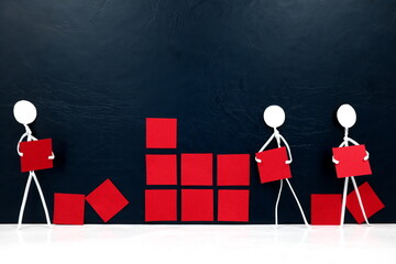Teamwork, cooperation and rebuilding business concept. Human stick figures fixing broken building...