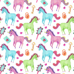 Watercolor seamless pattern with fairy colorful unicorns, envelopes decorated with crowns, hand mirrors, hearts, keys and padlocks. Hand painted illustration on white. Great for kids design.