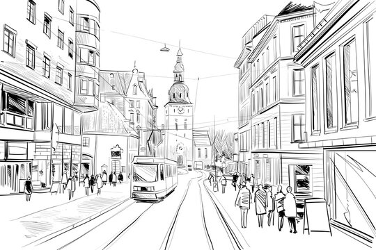 Oslo, Norway. Urban sketch. Hand drawn vector illustration. 