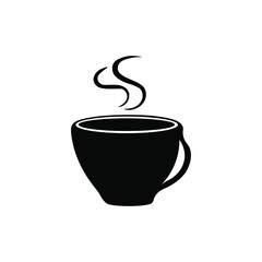 The mug icon is black. Cup sign with steam. Symbol of coffee shop and teahouse. Flat vector graphics.