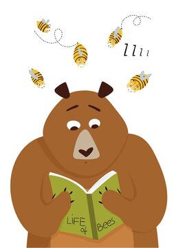 Card with cute cartoon bear reading a book and annoying bees concept. Vector illustration