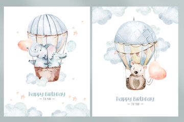 Fototapeta Cute cartoon air balloons birthday party illustrations. hand drawn baby shower air balloon. kids nursery wear fashion design, birthday invitation card. obraz