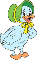 Coloring page outline of cartoon smiling cute girl duck. Colorful vector illustration, summer coloring book for kids.