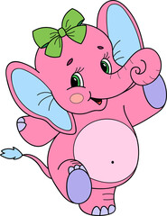 Coloring page outline of cartoon smiling cute girl elephant. Colorful vector illustration, summer coloring book for kids.