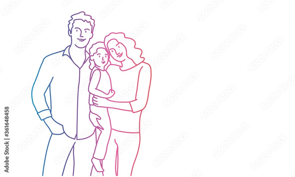 Wall mural happy family, mother, father, daughter. rainbow colours in linear vector illustration.