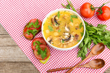 Homemade mushroom soup in the village. Hungarian lunch of mushroom soup and sandwiches with tomatoes and herbs on a red checkered napkin.