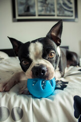 Boston terrier dog playing with a blue ball