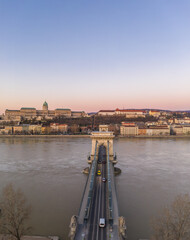 Fototapeta na wymiar Aerial drone shot of Chain bridge before Buda Castle before Budapest sunrise