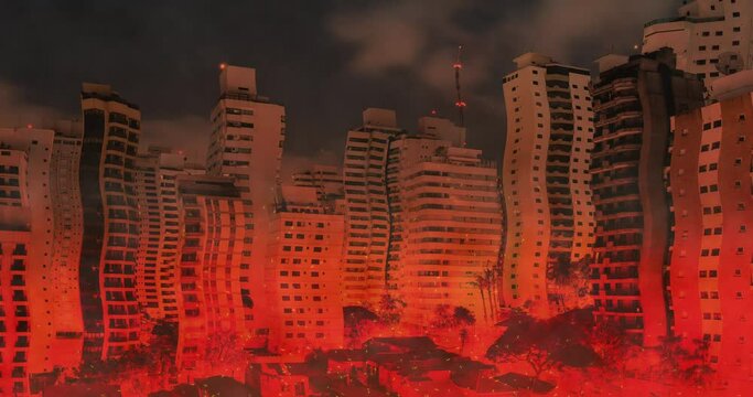 Burning city. Animation of buildings of the city on fire, heat wave, sparks. Chaotic scenery.