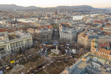 Fototapeta premium Aerial drone shot of Liberty Square Budapest downtown during sunset hour