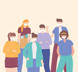 covid 19 coronavirus social distancing prevention, group people keep distance, medical face mask