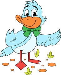 Coloring page outline of cartoon smiling cute duck. Colorful vector illustration, summer coloring book for kids.