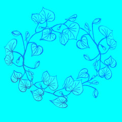 contour floral circle for design of branches with leaves on a turquoise background