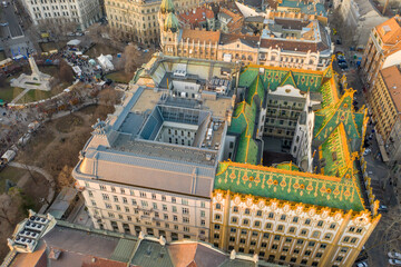 Aerial drone shot of Art nouveau style rooftop in Budapest liberty squaare