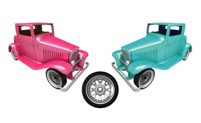 Two vintage cars and a wheel. Concept. 3D illustration.