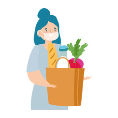 safe delivery at home during coronavirus covid 19 , woman with protective mask and grocery bag with food