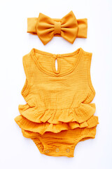 Set of baby stuff and accessories on white background. Baby shower concept. Fashion newborn. Flat lay, top view