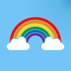 Color Rainbow sign with Clouds, with Gradient blu sky Mesh. Colorful icon symbol rainbow. Vector Illustration.