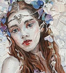 Mysterious Fairy. Girl in authentic jewelry  on her face and purple flower petals woven into her hair. Oil painting.
