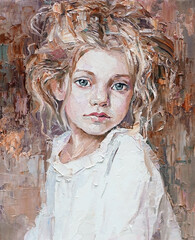 The curly-haired cutie with tender blue eyes on a brown background. Oil painting.

