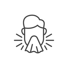 Sneezing man. Pictogram of flu or cold symptom. Outline icon. Vector illustration.