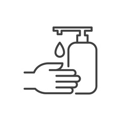 Washing hand with sanitizer liquid soap. Outline icon. Vector illustration.