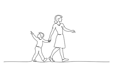 Happy mother and chlid boy walking together