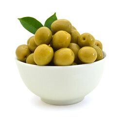 pickled green olives in a bowl and olive tree branch on a white background