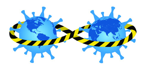 2 hemispheres of the earth in a protective tape. Travel ban. Corvid-19 epidemic.