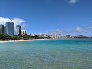 Ala Moana Beach Park with office building and condos in the background