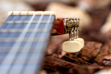 Different perspectives of the neck and headstock of a Spanish guitar in the garden