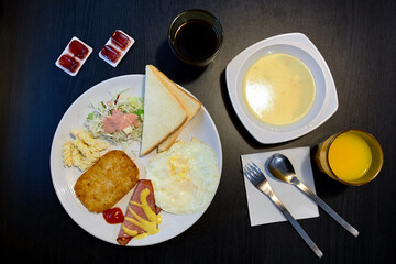 Coffee, Potato, Ham, Salad, Pasta and Soup. Breakfast concept
