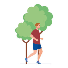 man running in the nature, male athlete with tree plant on white background vector illustration design
