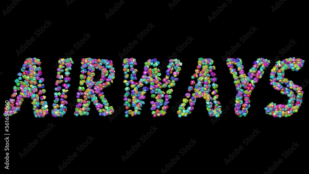 Poster airways written in 3d illustration by colorful small objects casting shadow on a black background. a