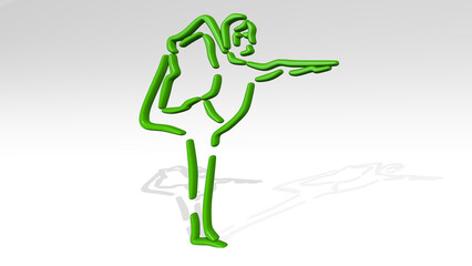 woman streching made by 3D illustration of a shiny metallic sculpture on a wall with light background. beautiful and young